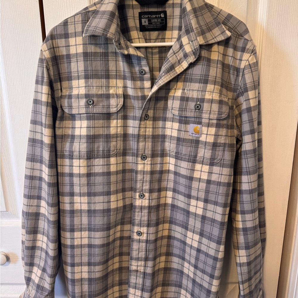Carhartt Plaid Button-Up Flannel Shirt Jacket in Beige & Gray Size Small - Picture 2 of 9